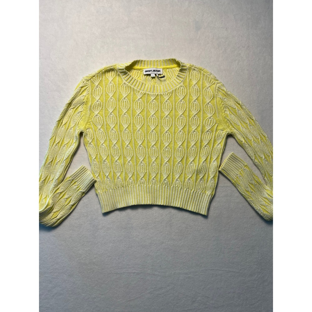 DKNY Jeans Small Sweater Preppy Cable Knit Yellow White Cotton Pullover Academia